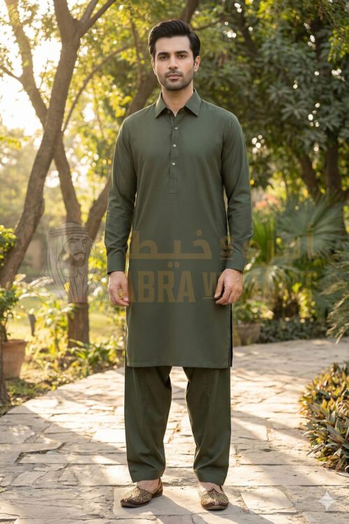 Elegant Olive Green Men’s Pakistani Shalwar Kameez — Classic Kurta & Relaxed Shalwar Set