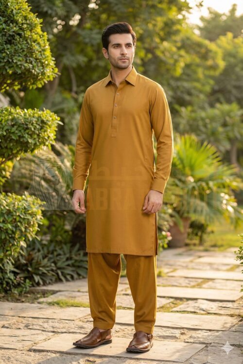Elegant Caramel Men’s Pakistani Shalwar Kameez — Classic Kurta & Relaxed Shalwar Set